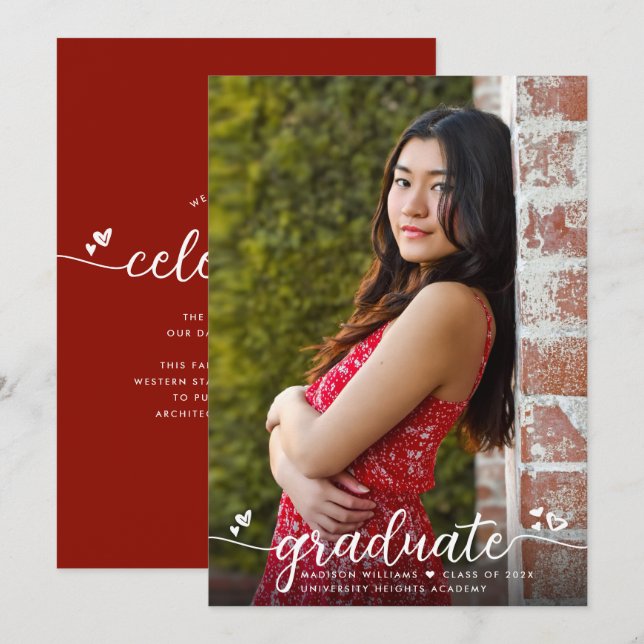 Anuncio Caligrafía de foto de graduación roja Corazones mo (Anverso / Reverso)