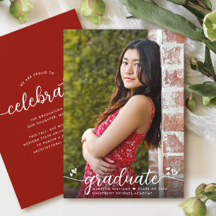 Anuncio Caligrafía de foto de graduación roja Corazones mo