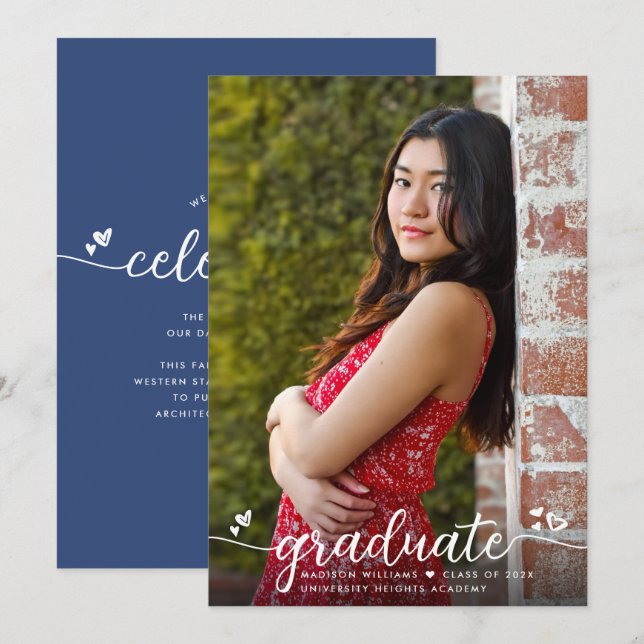 Anuncio Caligrafía fotográfica de graduación azul Corazone (Anverso / Reverso)
