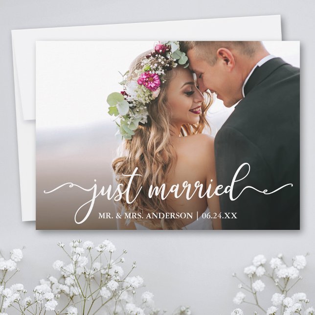 Anuncio Caligrafía moderna foto de Boda casada (Customize to add text or more photos to back of card.)