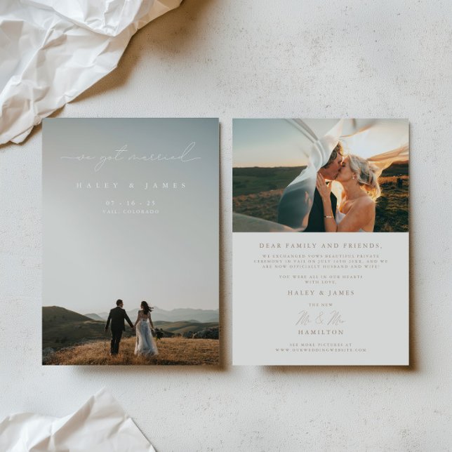 Anuncio Caligrafía Moderna Nos Casamos 2 Foto Boda (Modern Calligraphy We Got Married 2 Photo Wedding Announcement)