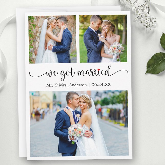 Anuncio Calligraphy 3 Photo Red Heart We Got Married (Customize to change your personalized text size, text style or to add text to back of card.)