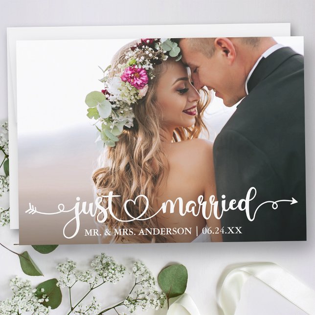 Anuncio Calligraphy Heart Just Casried Boda Photo (Customize to change your personalized text size, text style or to add text to back of card.)