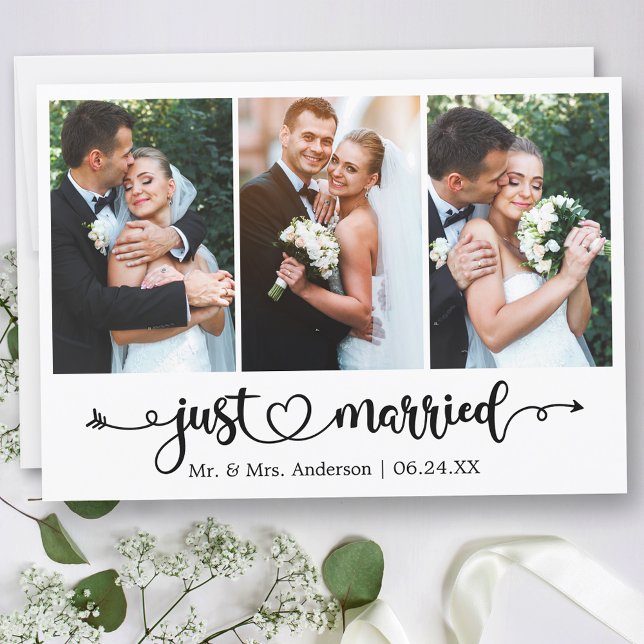 Anuncio Calligraphy Heart se acaba de casar con tres Bodas (Customize to change your personalized text size, text style or to add text to back of card.)