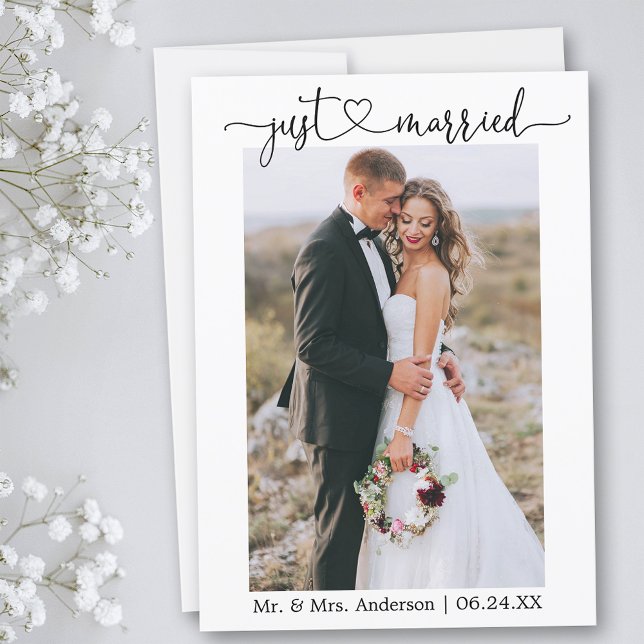 Anuncio Calligraphy Heart se acaba de casar con un Boda fo (Customize to add text or more photos to back of card.)