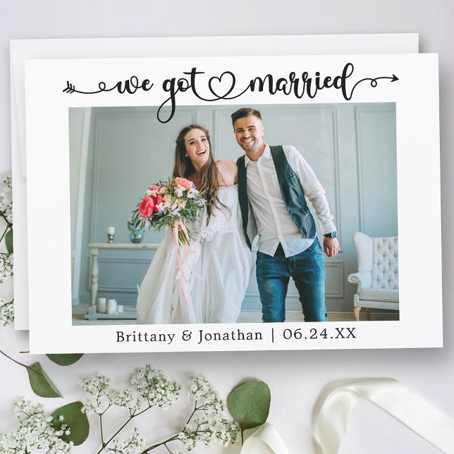 Anuncio Calligraphy Heart we Got Casried Photo Boda (Customize to change your personalized text size, text style or to add text to back of card.)