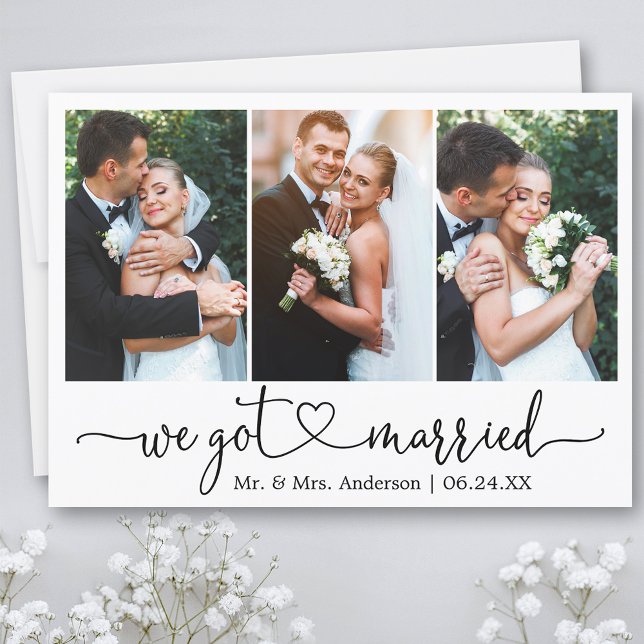 Anuncio Calligraphy Heart We Got Married 3 Photo Boda (Customize to add text or more photos to back of card.)