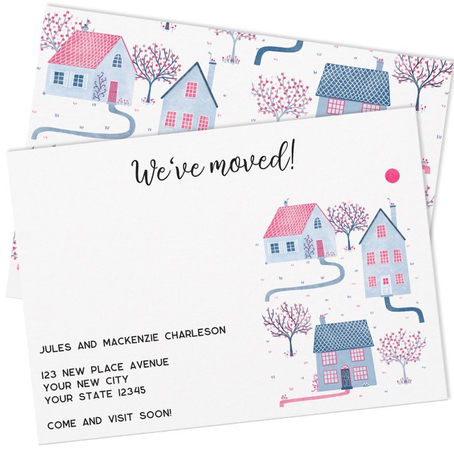 Anuncio Cambio de dirección de la casa de acuarela (We have moved New Home moving announcement with custom text and house illustrations)