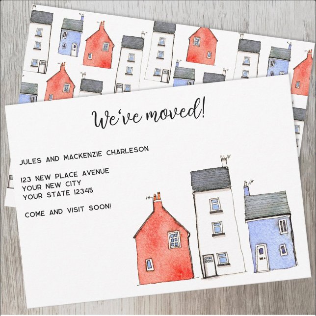 Anuncio Cambio de dirección de la casa de acuarela (Watercolor houses personalized change of address moving announcement)