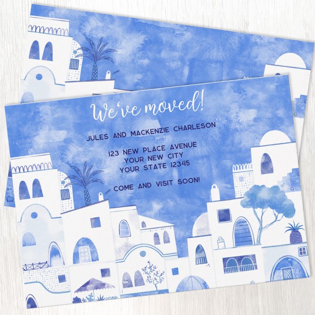 Anuncio Cambio de dirección de las casas de acuarela (Blue and white watercolor Mediterranean houses and apartements change of address moving announcement)