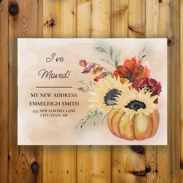 Anuncio Cambio de dirección Flores de calabaza otoño (Pumpkins and sunflowers fall/autumn change of address moving announcement)