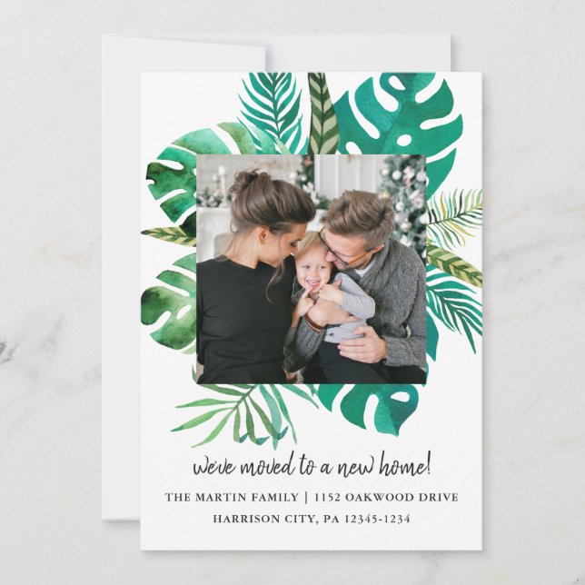 Anuncio Cambio de dirección Foto de hojas tropicales (Anverso)