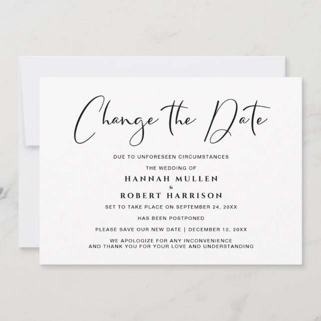 Anuncio Cambio de fecha de boda aplazamiento negro blanco (Anverso)