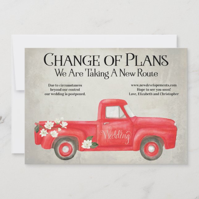 Anuncio Cambio De Planes Boda Camioneta Roja Pospuesta (Anverso)