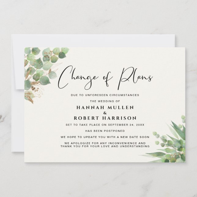 Anuncio Cambio de planes de aplazamiento de boda Eucalyptu (Anverso)