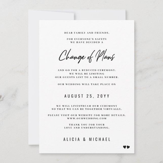 Anuncio Cambio de planes de boda modernización minimalista (Anverso)