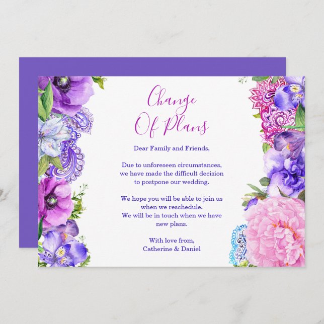 Anuncio Cambio De Planes De Paisley Púrpura Floral (Anverso / Reverso)