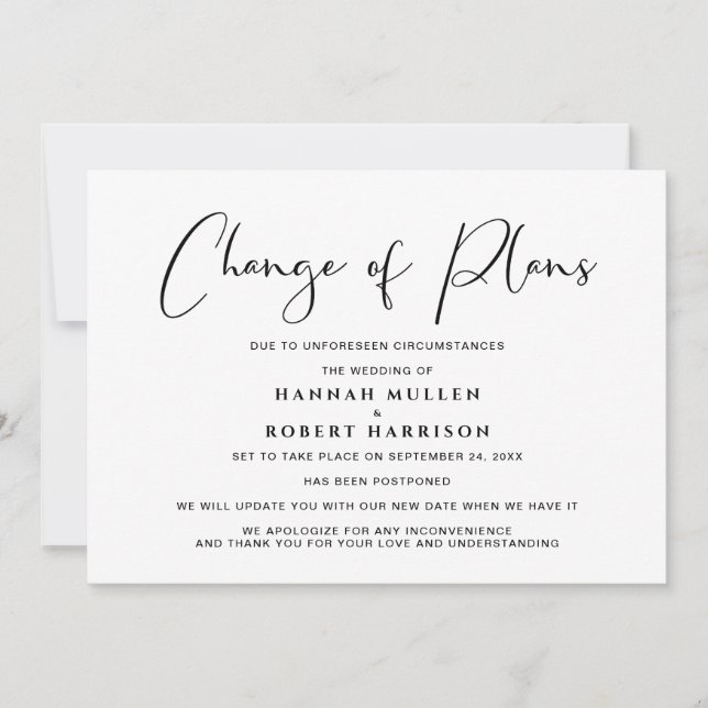 Anuncio Cambio de planes pospuesto cancelado negro blanco (Anverso)