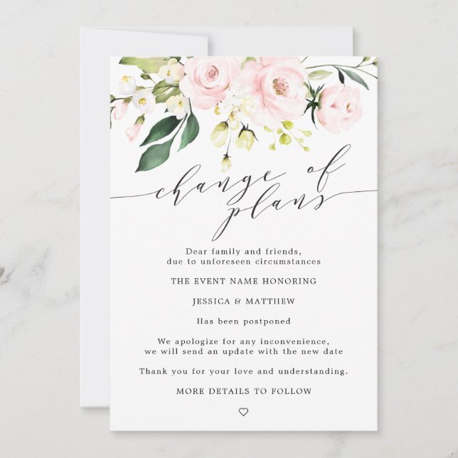 Anuncio Cambio de planes pospuesto Rubor floral de boda (Anverso)