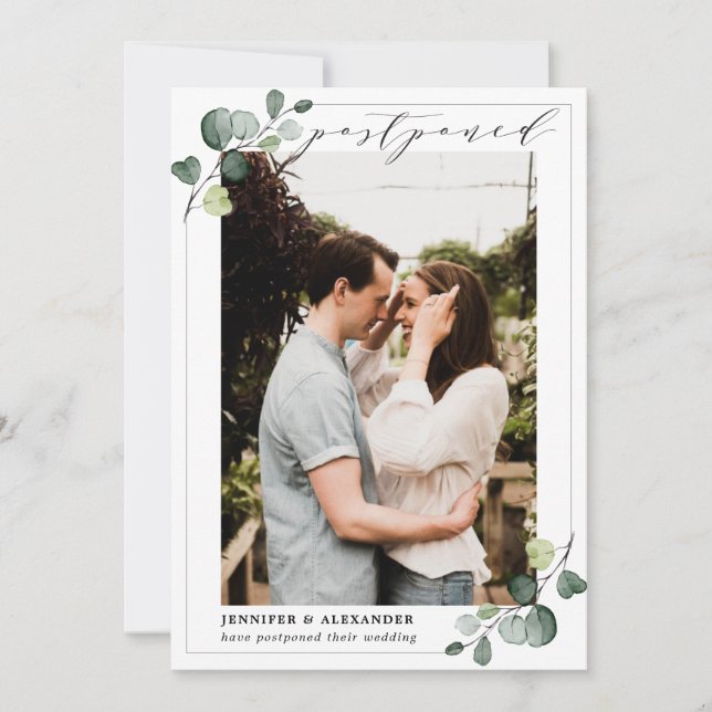 Anuncio Cambio pospuesto la fecha Foto de boda de eucalipt (Anverso)