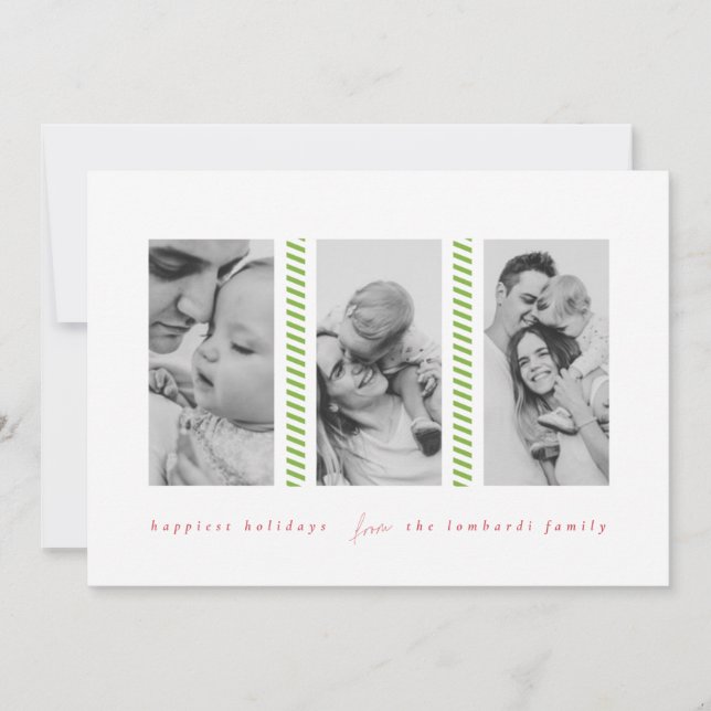 Anuncio Candy Cane Green Three Photo Holiday Card (Anverso)