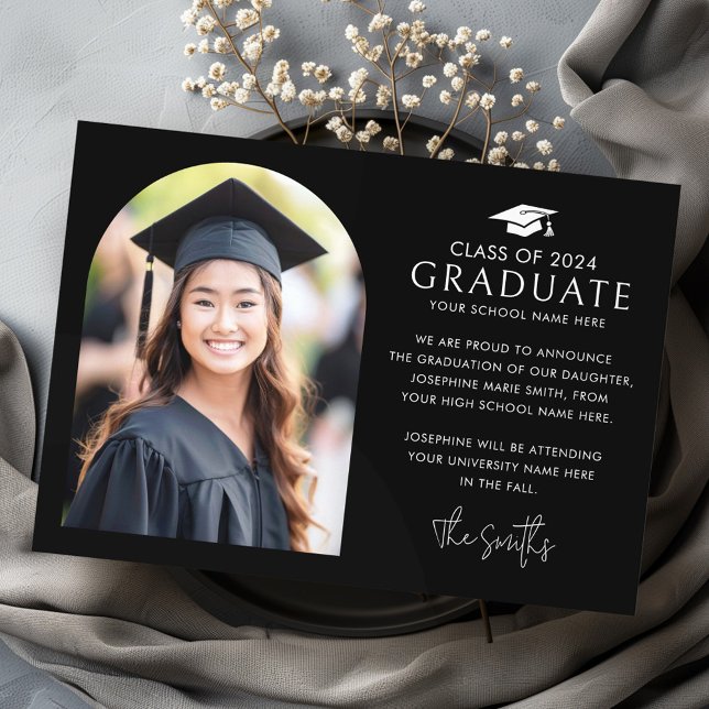 Anuncio Capa de graduación elegante foto de arco negro (Graduation cap elegant arch black photo announcement)