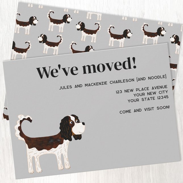 Anuncio Cavalier King Charles Spaniel Perro mudándose nuev (Tricolor Cavalier King Charles Spaniel dog new home moving change of address announcement card)