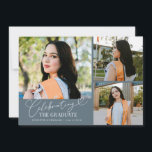 Anuncio Celebrating the Graduate Slate Blue Multi Photo<br><div class="desc">Modern and whimsical graduation announcement photo card featuring 3 photos on the front and 1 on the back. The text says "celebrating the graduate" in script font. Add the graduate's name,  information,  and message to personalize this card. Slate blue.</div>