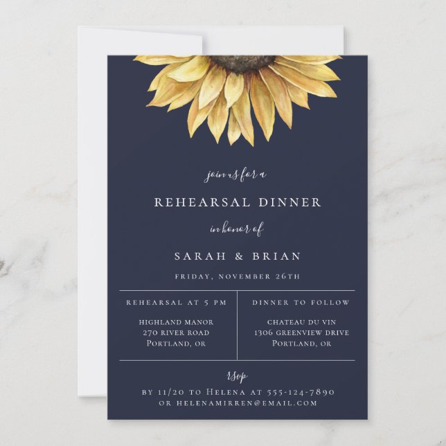 Anuncio Cena de ensayo azul marino de girasol rústico (Anverso)