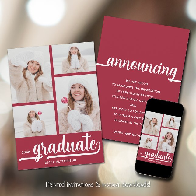 Anuncio Chic 4 Photo Graduación Rojo Carmesí (Chic 4 Photo Crimson Red Graduation Announcements)