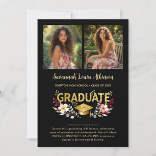 Anuncio Chic Floral Graduation Photo Collage Gold Script