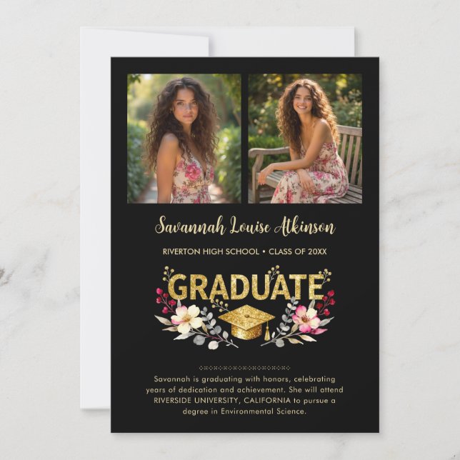 Anuncio Chic Floral Graduation Photo Collage Gold Script (Anverso)