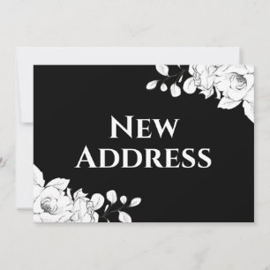 Anuncio Chic Moderno Dirección Nueva Floral Negro Blanco