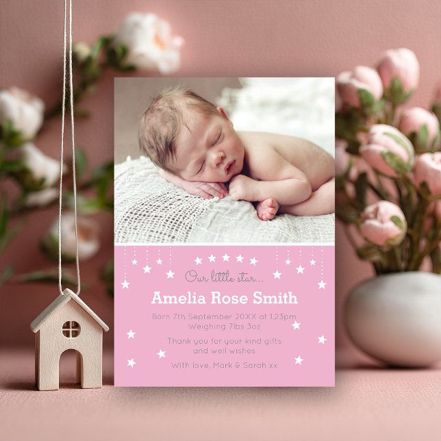 Anuncio chica de recién nacido invitación/tarjeta de agrad (A sweet way to introduce your little star 🌟 Personalize this pink photo announcement to share your )
