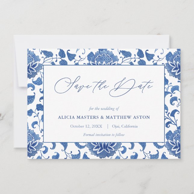 Anuncio Chinoiserie Boda Azul Y Blanca Salva La Fecha (Anverso)
