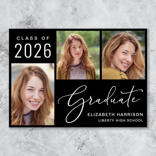 Anuncio Clase de Graduación en Negro del guión gráfico de  (Cherish the milestone: share your graduate's achievement with a custom photo graduation announcement)
