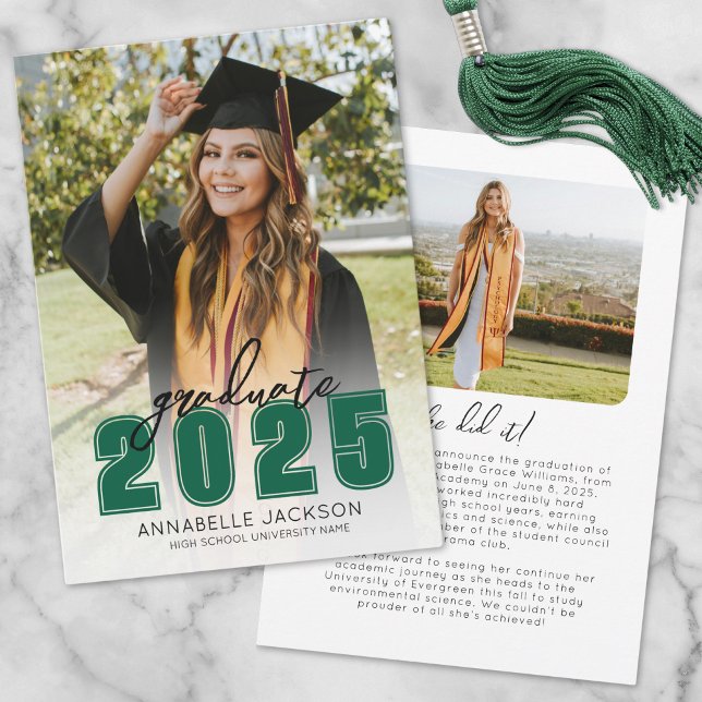 Anuncio Clase De Graduación Verde De Graduado 2025 (Class Of 2025 Graduate Photo Green Graduation Announcement)