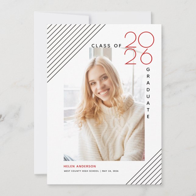 Anuncio Clase moderna de graduado 2026 foto en negro y roj (Anverso)