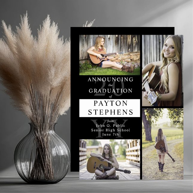 Anuncio Clásica foto moderna de color negro | Graduación b (Classy Modern Four Photo Collage Black and White Graduation Announcement - Print and/or Download)