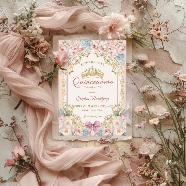 Anuncio Clásica Quinceanera floral de barro rosa salva la  (Classy Pink Blue Floral Quinceanera Save the Date Announcement)