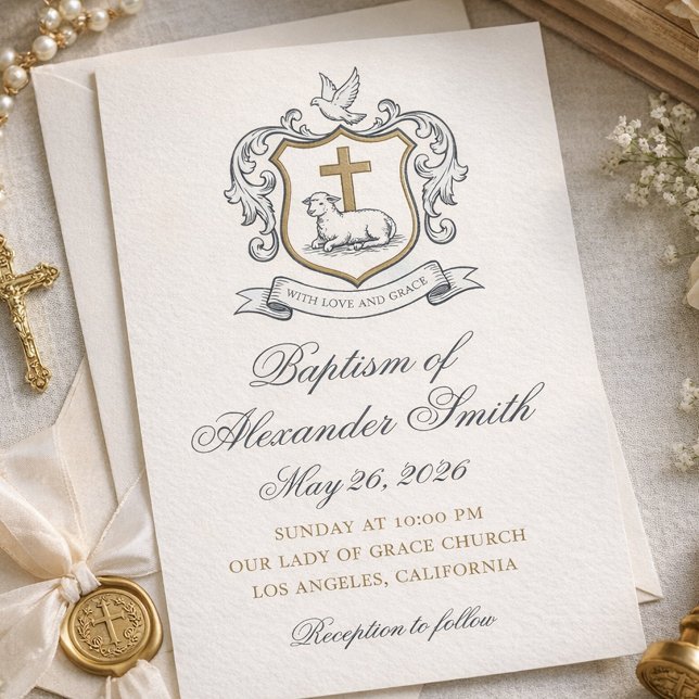 Anuncio clásico del bautismo de Lamb of God (Baptism Invitation for Boy With Cross Lamb Crest and Elegant Script)