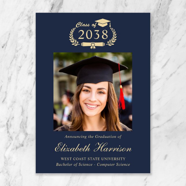 Anuncio Classic Crest Blue Gold Photo College Graduation (Classic Crest Blue Gold Photo College Graduation Announcement)