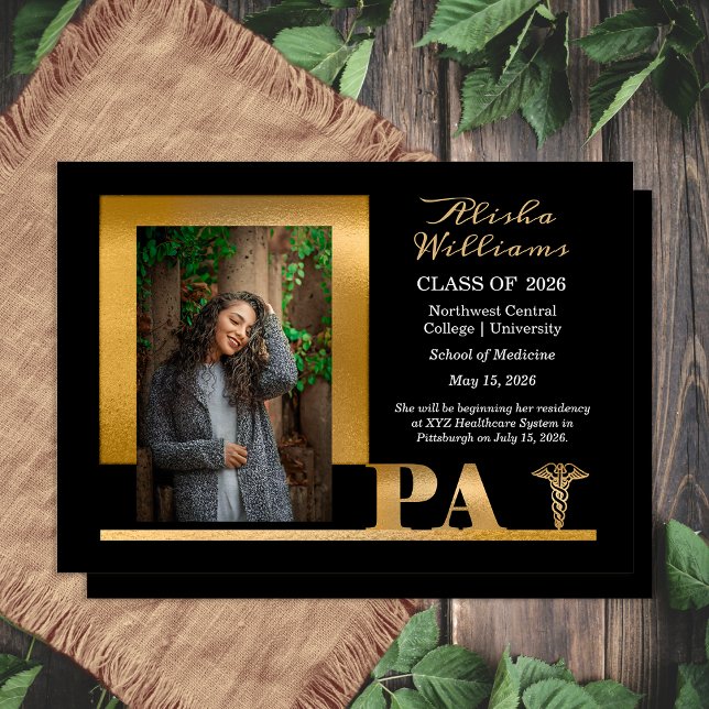 Anuncio Classy Elegant Gold PA Caduceus 1 Photo Black Grad (Elegant Classy Gold Tone PA Caduceus Physician's Assistant 1 Photo Black Grad Announcement)