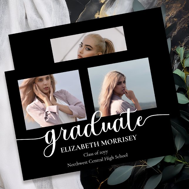 Anuncio Classy Elegant Script Text Graduate 3 Photo (Classy Elegant Script Text Graduate 3 Photo Black | White Graduation Announcement - Print | Digital)