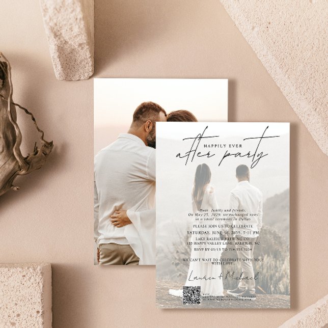 Anuncio Código QR Feliz Nunca Después De La Foto Del Fiest (Easily personalize this photo wedding reception invitation with your photo and unique details.)