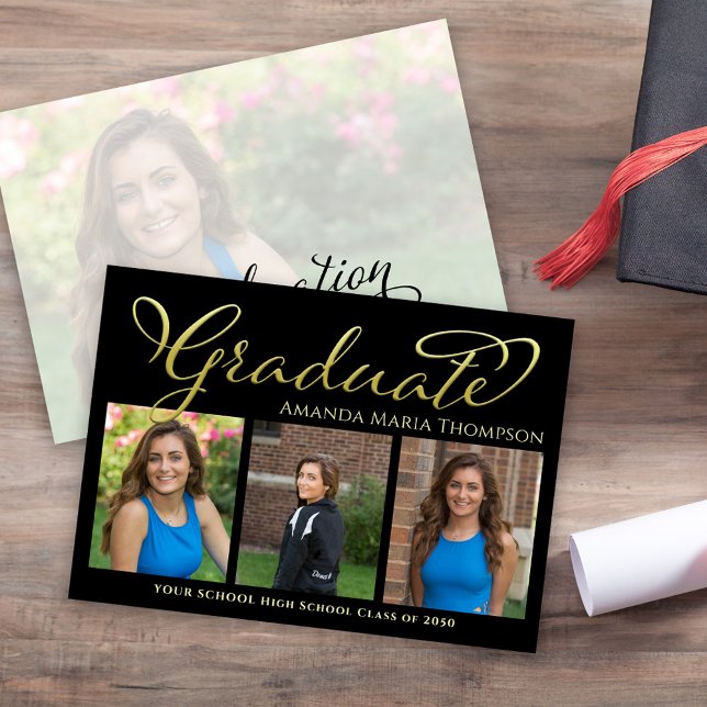 Anuncio Colaje de fotos de graduación en negro y dorado (Black and gold graduation photo collage announcement with modern design style.)
