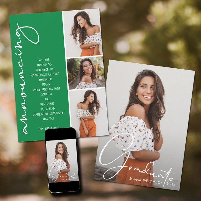 Anuncio Collage de 4 fotos Graduación Verde (Green graduation photo announcements)