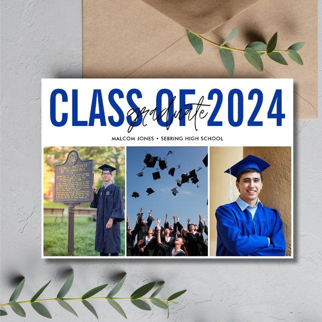 Anuncio Collage de fotos azul de graduación de secundaria (High School Graduation Blue Photo Collage Announcement)