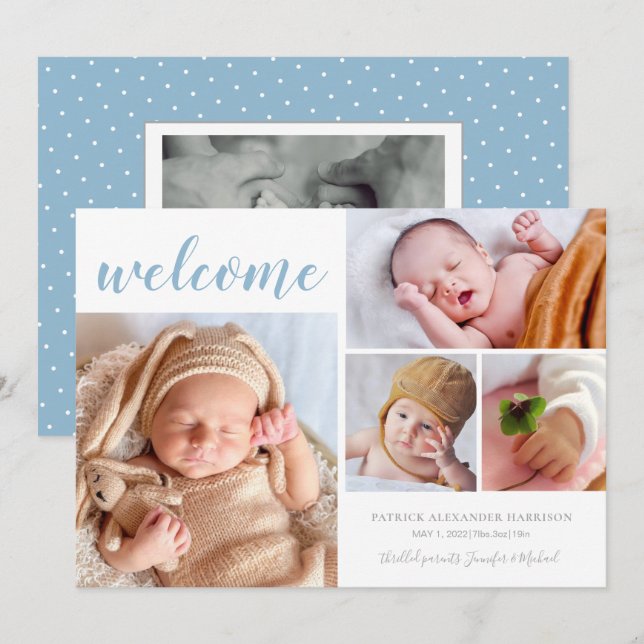 Anuncio Collage de fotos Blanco Azul Niño Bebé Bienvenida  (Anverso / Reverso)