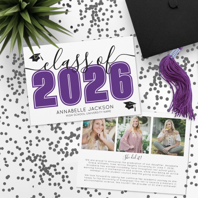 Anuncio Collage de Fotos Graduación Morado (Photo Collage Purple Graduation Announcement)